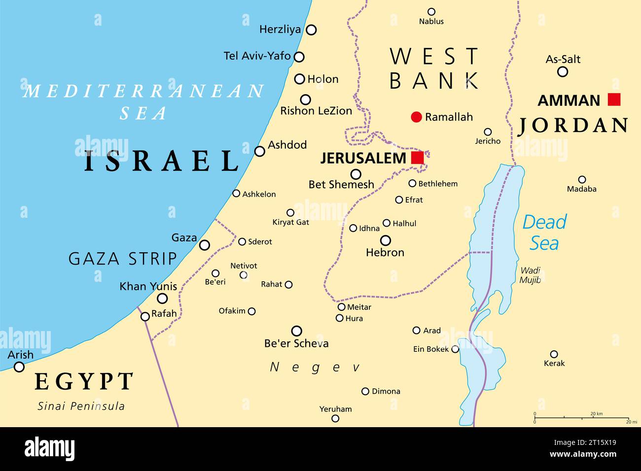 Parte del Distretto meridionale di Israele, mappa politica, con Striscia di Gaza, metà inferiore della Cisgiordania, Mar morto e con confini e città più importanti. Foto Stock