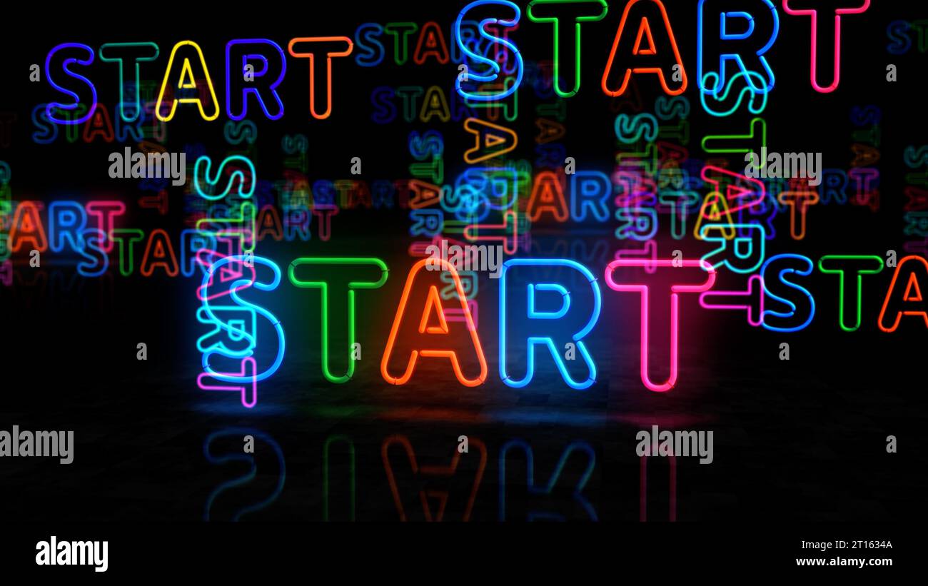Simbolo di avvio al neon. Il gioco d'affari inizia con successo le lampadine a colori. Illustrazione 3d del concetto astratto. Foto Stock