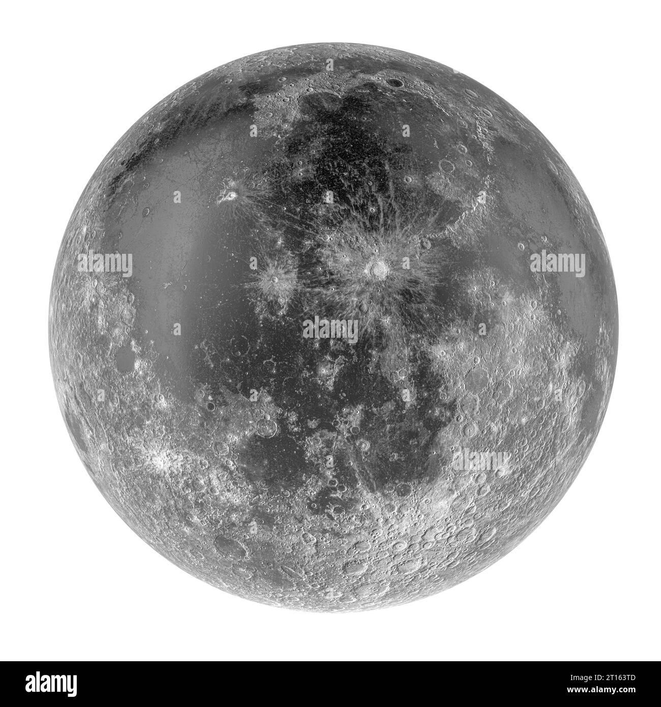 Luna con mappa texture realistica, rendering 3D isolato su sfondo bianco Foto Stock