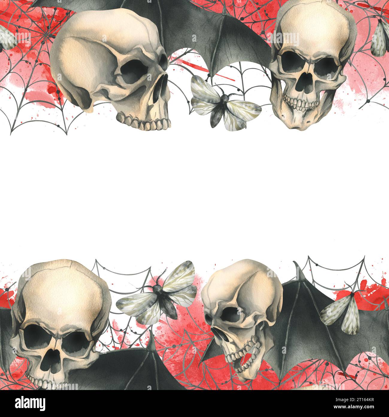 Teschio umano con ali di pipistrello nere con macchie di sangue, ragnatele e falene notturne per le festività del giorno della morte e di Halloween. Illustrazione acquerello, mano Foto Stock