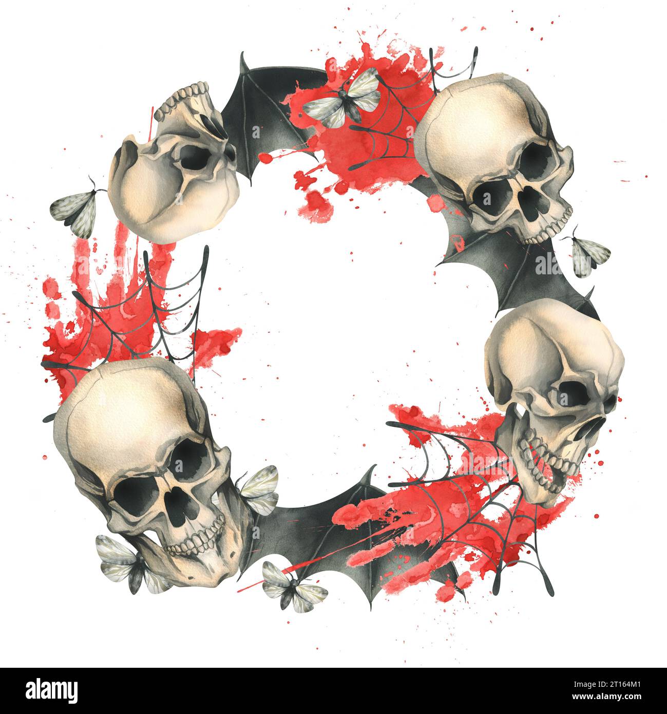 Teschio umano con ali di pipistrello nere con macchie di sangue, ragnatele e falene notturne per le festività del giorno della morte e di Halloween. Illustrazione acquerello, mano Foto Stock