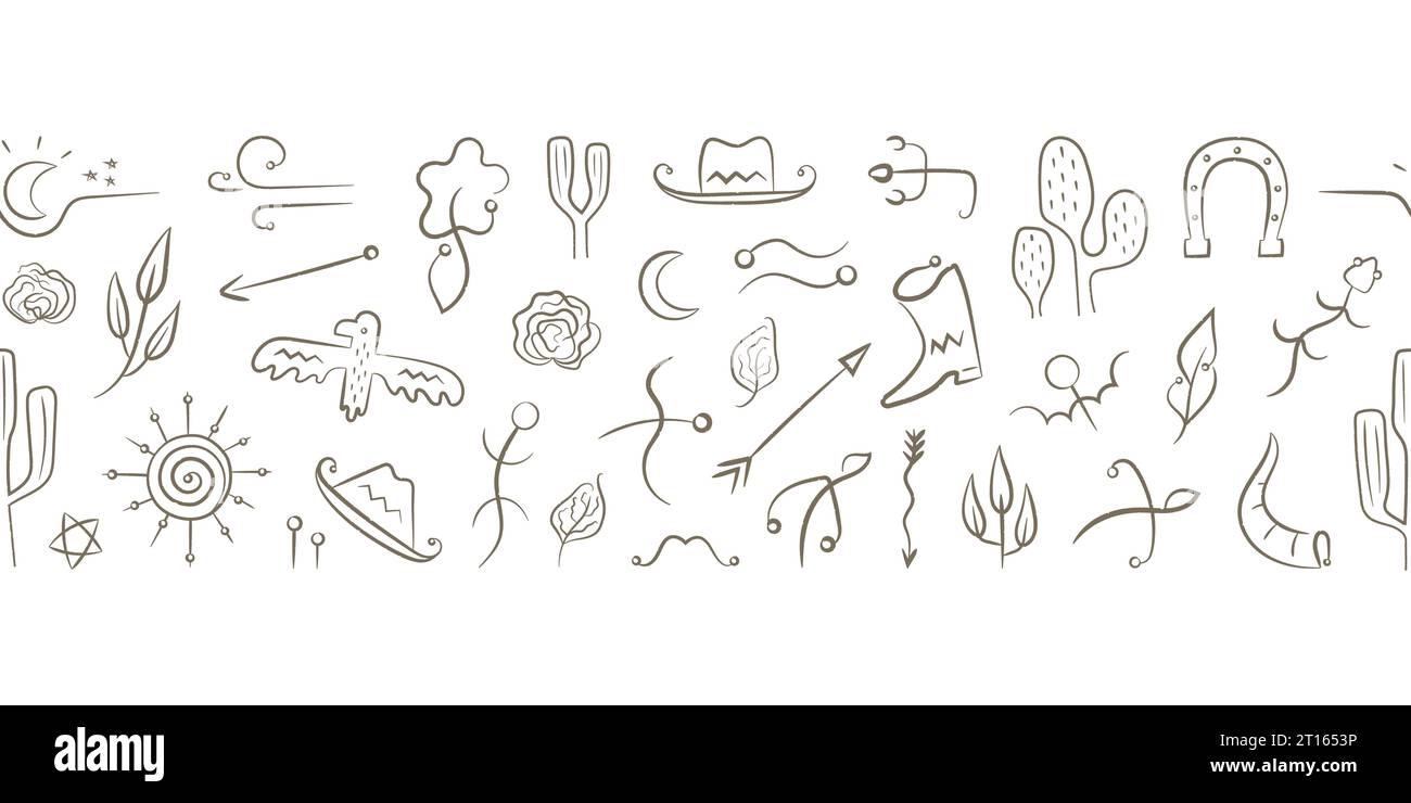 Elementi boho del selvaggio West disegnati a mano. Striscione senza cuciture con animali, uccelli, frecce, piante, simboli. Illustrazione Vettoriale