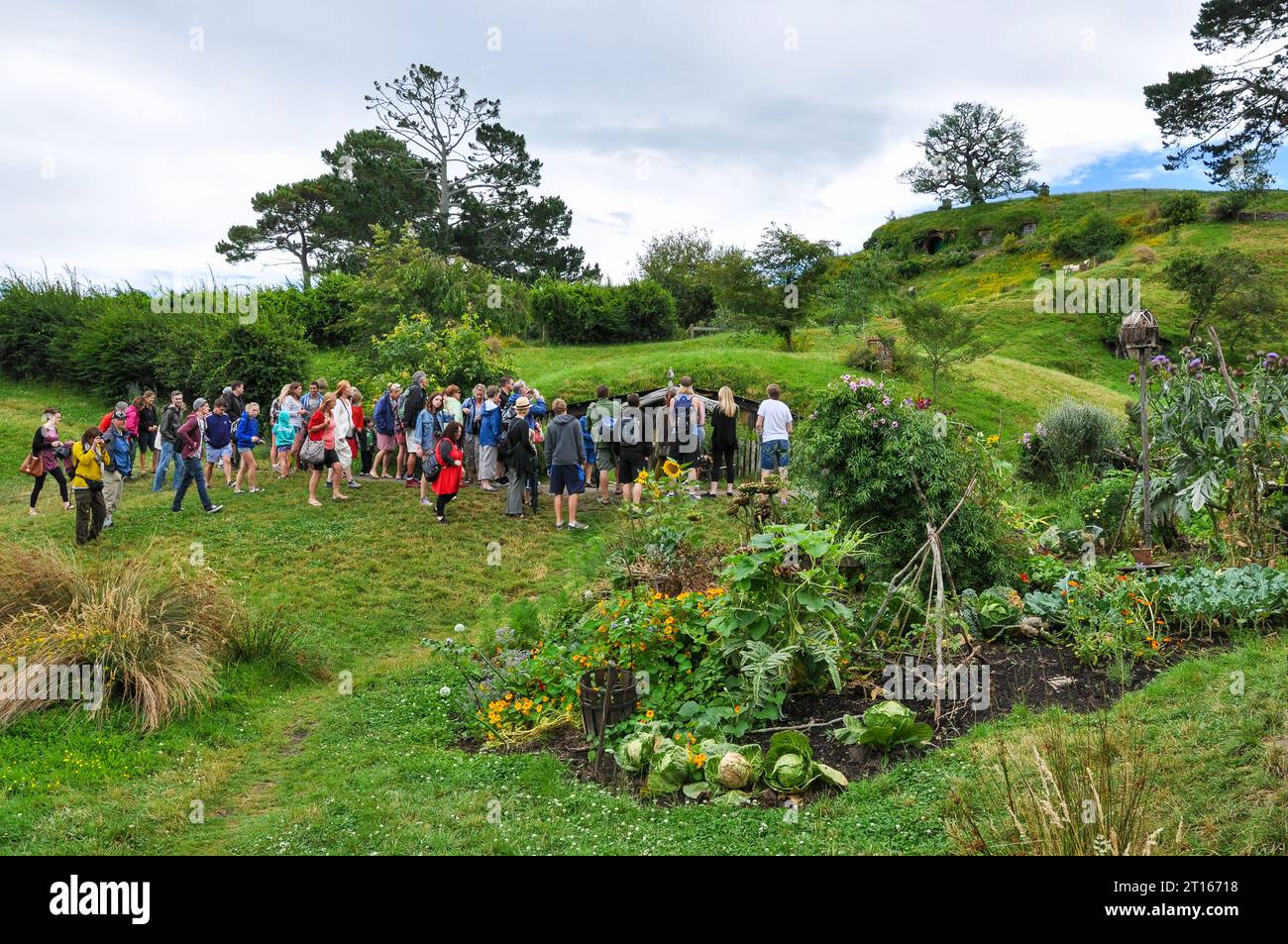 Visitatori del set cinematografico Hobbiton. Sito di location per i film il Signore degli anelli e lo Hobbit nella regione di Waikato in nuova Zelanda. Tour guidato Foto Stock