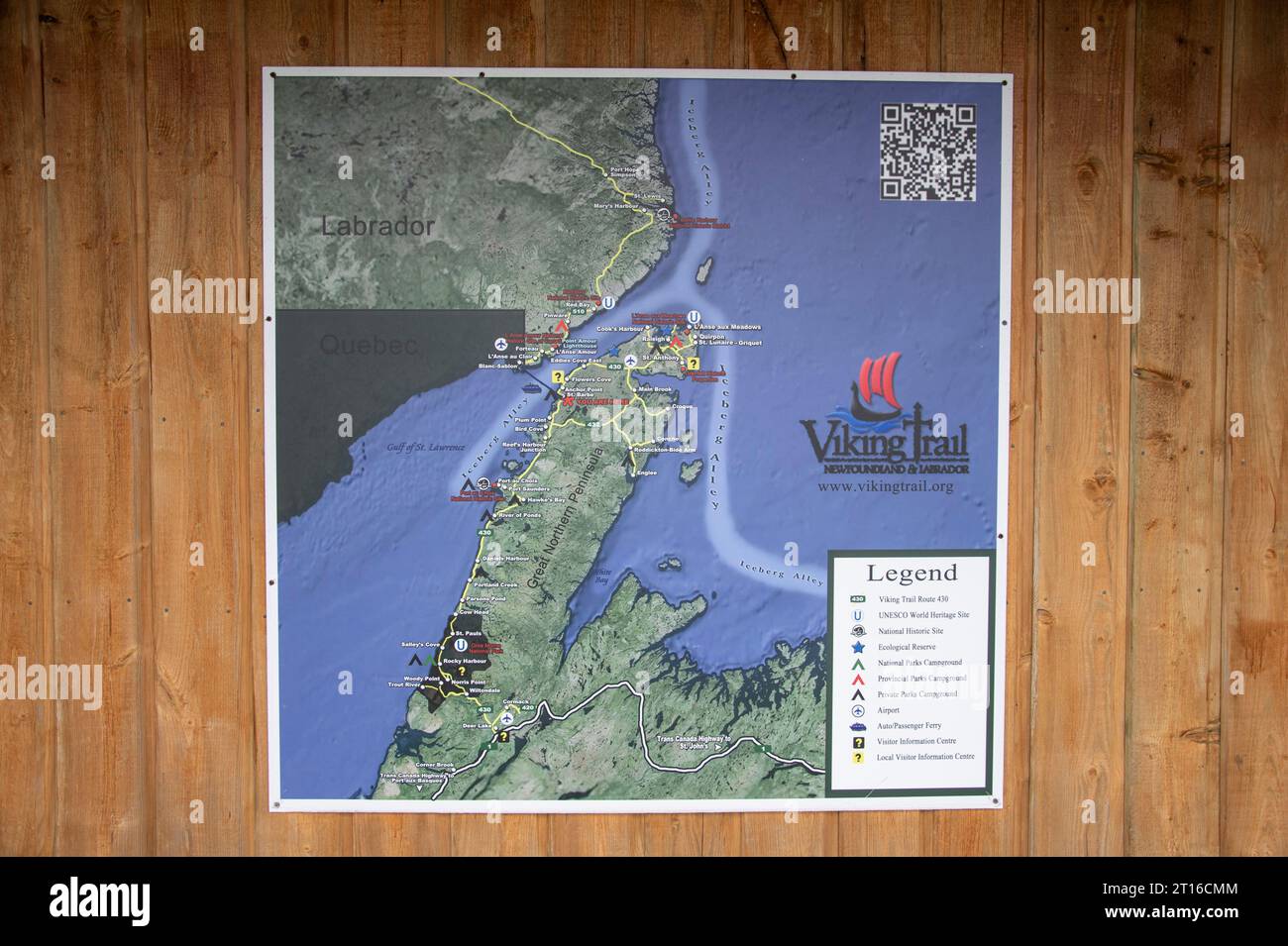 Cartello Viking Trail al terminal dei traghetti di St. Barbe, Newfoundland & Labrador, Canada Foto Stock