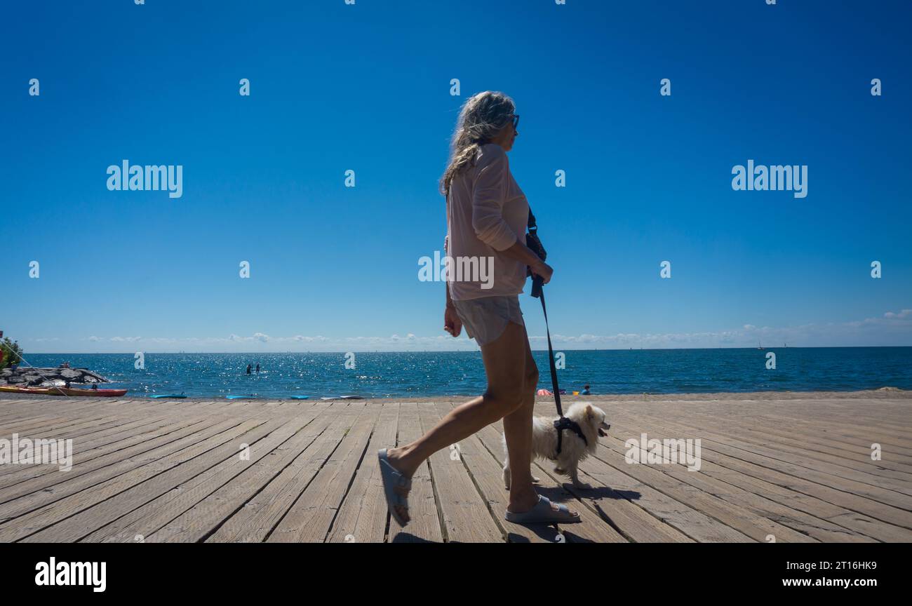 13 agosto 2022, Toronto, Canada - Una donna caucasica in costume estivo cammina il suo piccolo cucciolo in affitto sulla passerella del lago Ontario Foto Stock
