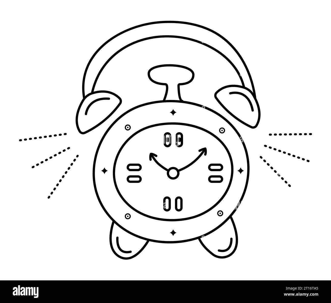 Sveglia con linea nera, timer da tavolo rotondo, scarabocchio monocromatico, illustrazione di cartoni animati vettoriali Illustrazione Vettoriale