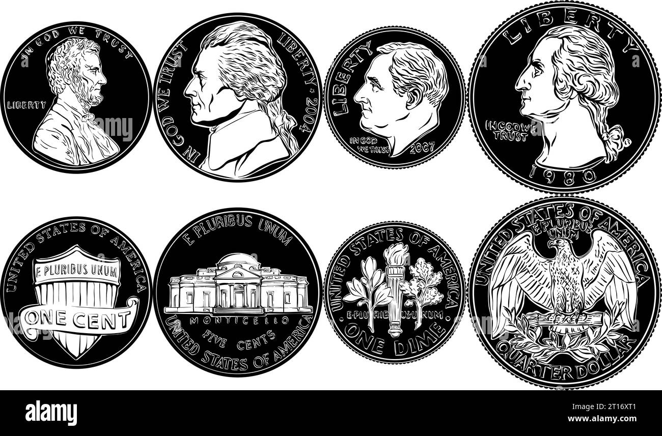 Set Obvers and Revers of USA Money, monete da uno, cinque, dieci e venticinque cent. Immagine in bianco e nero Illustrazione Vettoriale