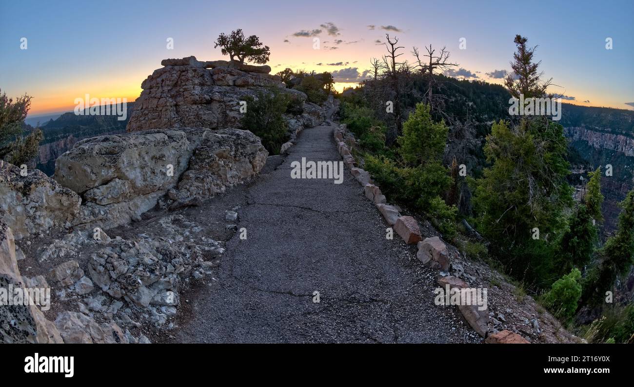 Il sentiero pavimentato tra Bright Angel Point e il centro visitatori del Grand Canyon North Rim Arizona al crepuscolo. Foto Stock