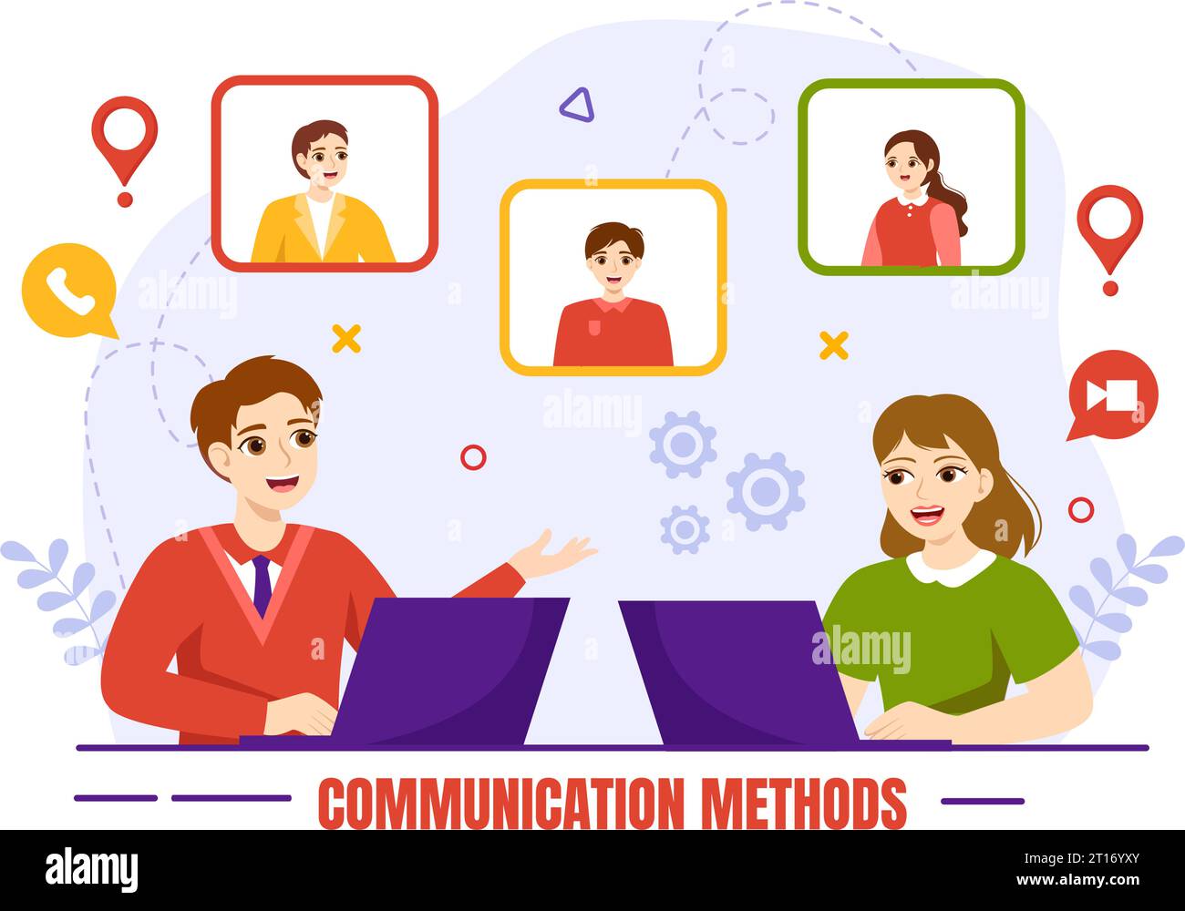 Metodi di comunicazione illustrazione vettoriale con Team Referral Marketing, Project Management, Social Network e pubbliche relazioni in background uniforme Illustrazione Vettoriale
