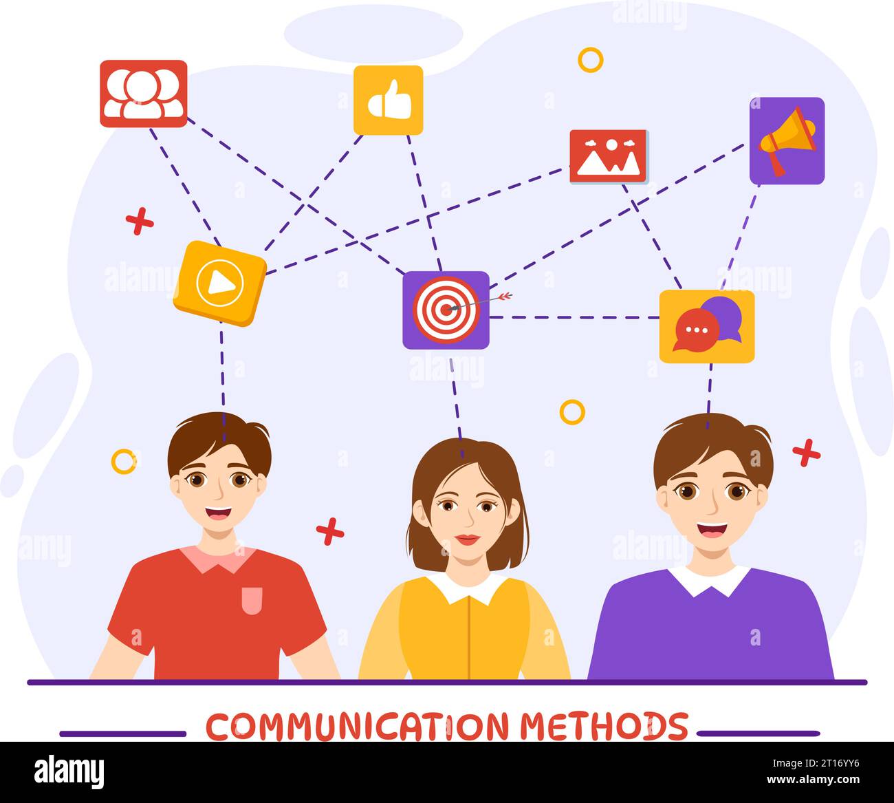 Metodi di comunicazione illustrazione vettoriale con Team Referral Marketing, Project Management, Social Network e pubbliche relazioni in background uniforme Illustrazione Vettoriale
