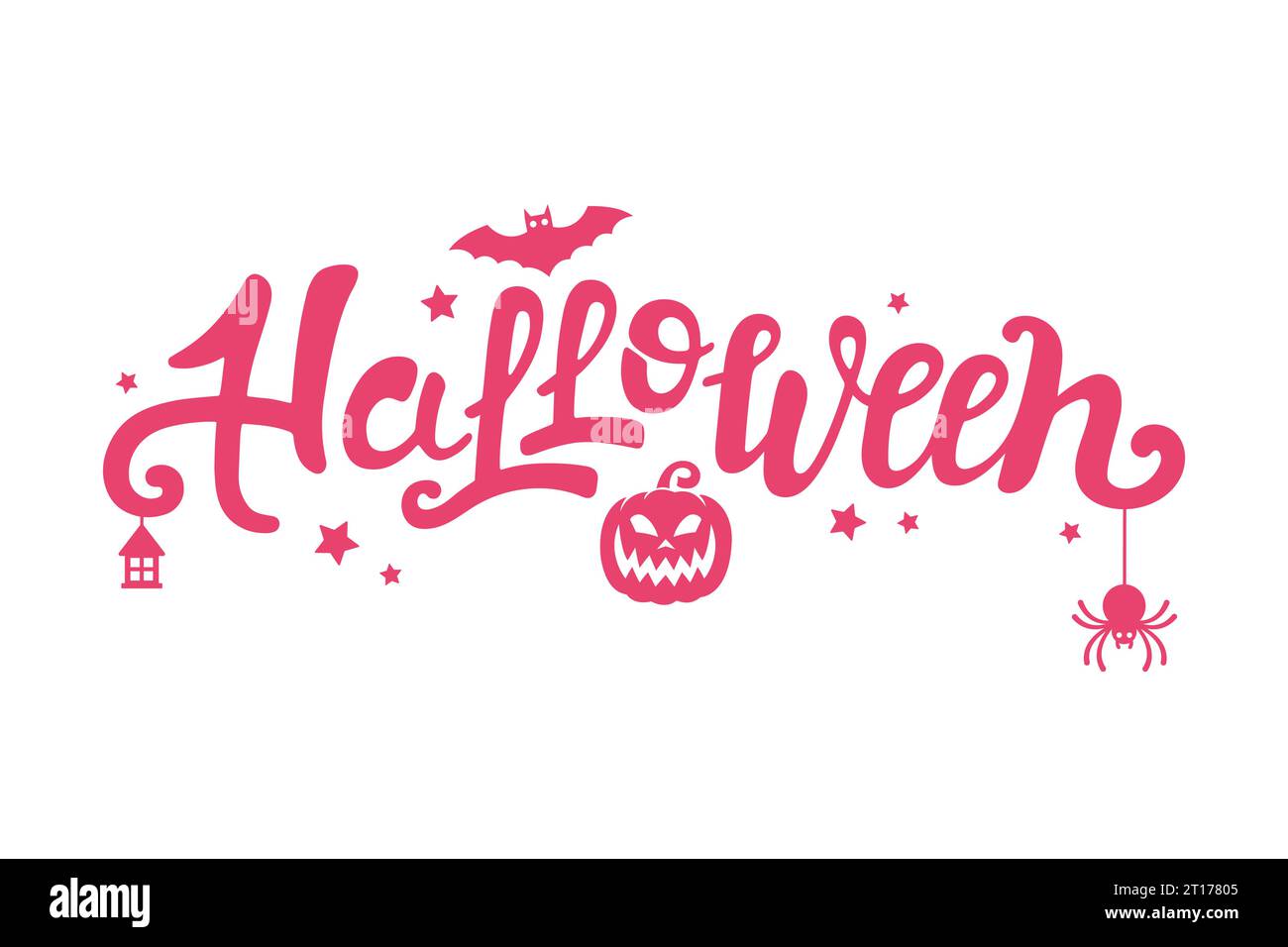 Scritta a mano con caratteri vettoriali Halloween. Stile con anima rosa. Calligrafia festiva con ragno, pipistrello, zucca, stelle, lanterna per striscione, poster, gree Illustrazione Vettoriale