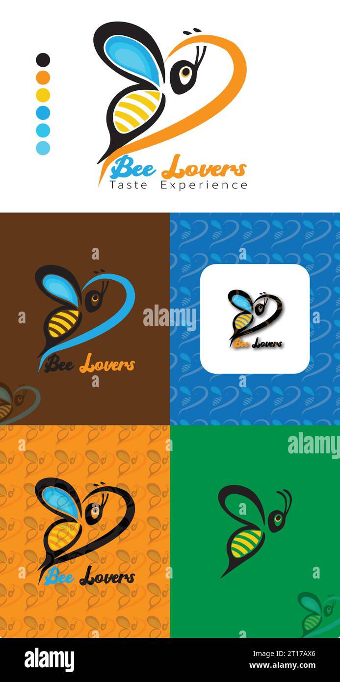 Moderni loghi di api per apicoltori. Gli adesivi sui prodotti dell'apiario. Etichetta vettoriale per il miele di api. Logo Bee Lover in quattro colori. Illustrazione Vettoriale