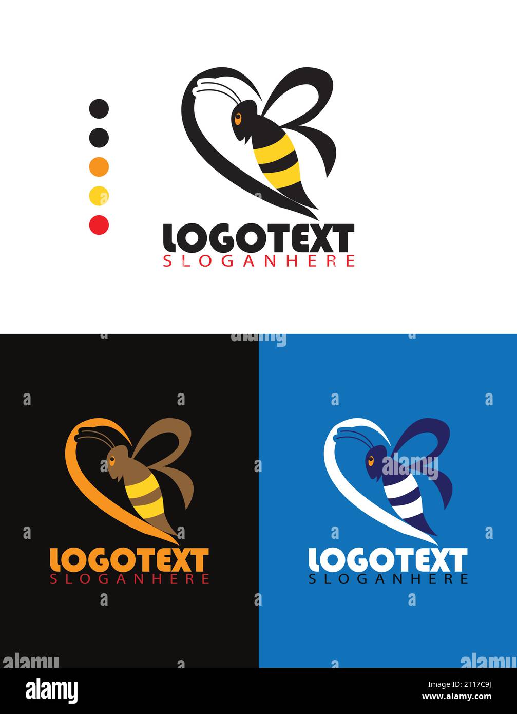 Moderni loghi di api per apicoltori. Gli adesivi sui prodotti dell'apiario. Etichetta vettoriale per il miele di api. Logo Bee Lover. tre varianti di colore. Illustrazione Vettoriale