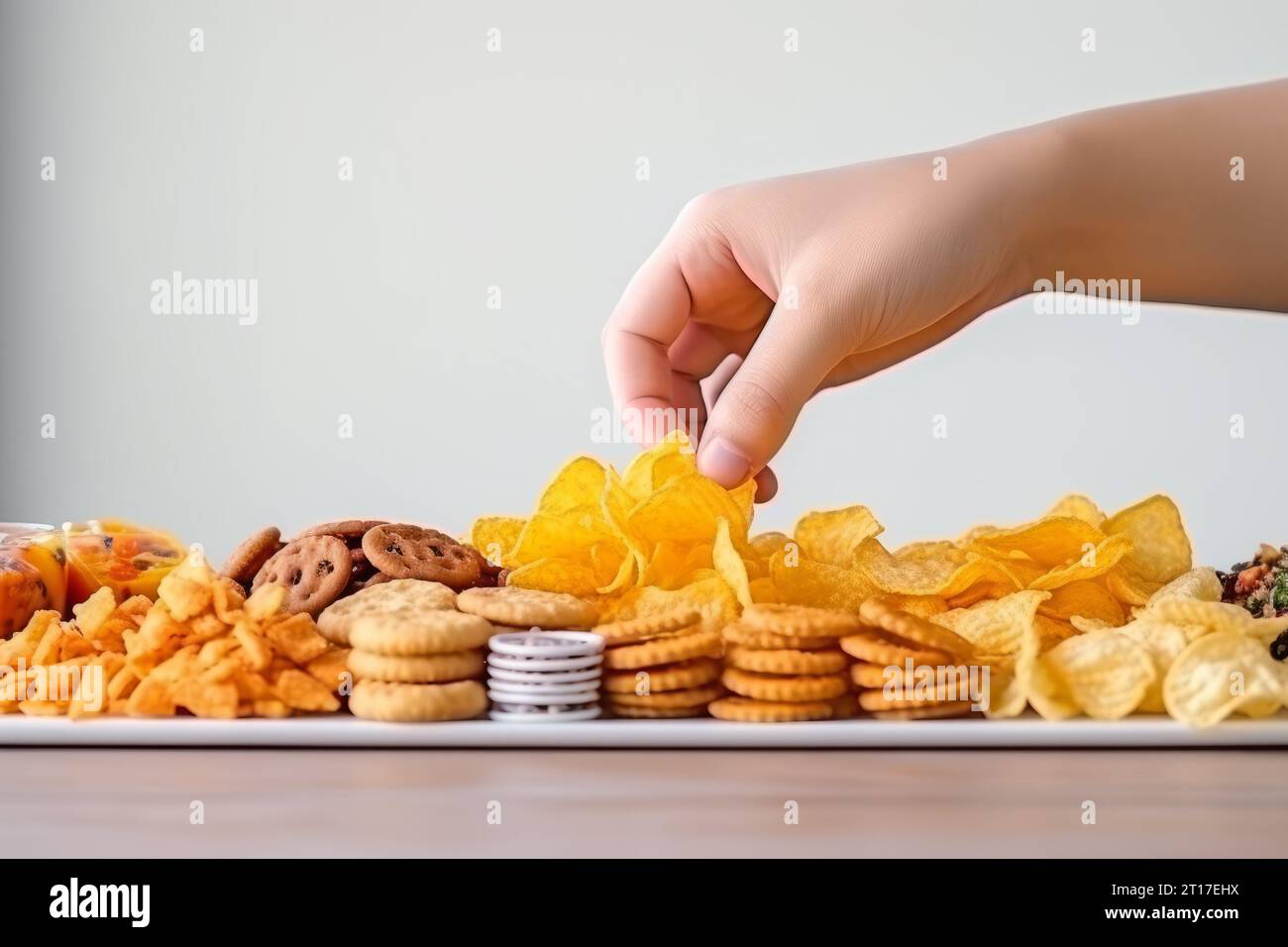 Prendere a mano delle patatine fritte da un tavolo pieno di cibo spazzatura con sfondo bianco Foto Stock