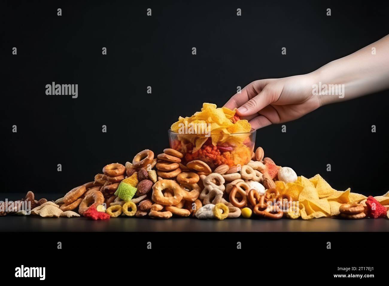 Prendere a mano delle patatine fritte da un tavolo pieno di cibo spazzatura con sfondo nero Foto Stock