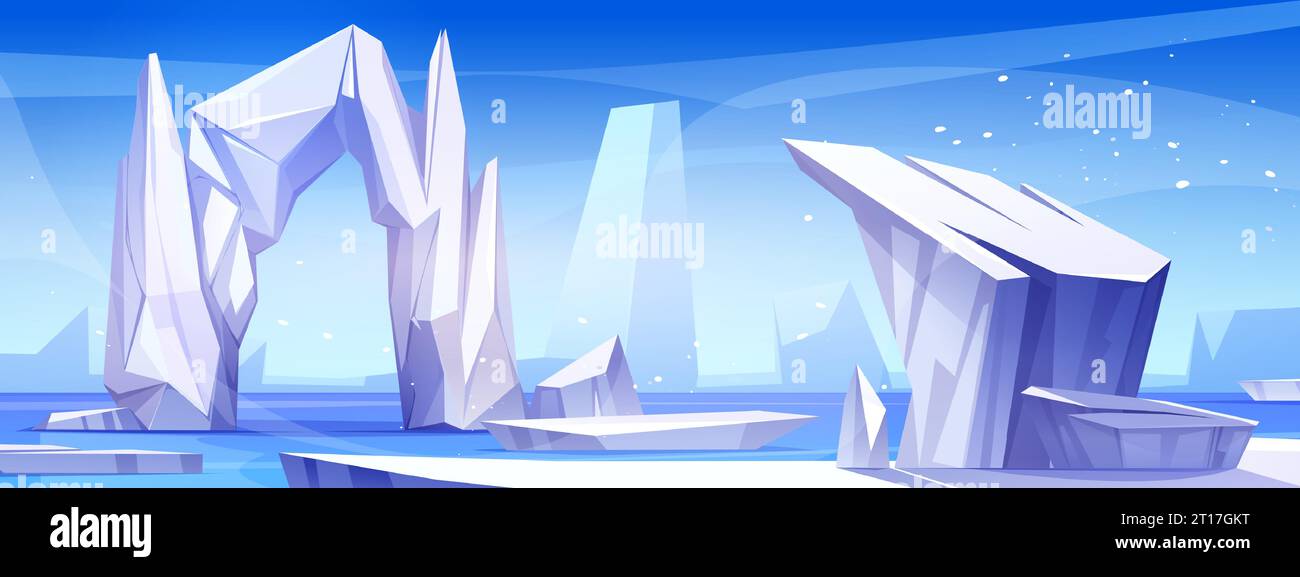 Paesaggio antartico con iceberg e galleggianti sulla superficie del mare. Illustrazione vettoriale di grandi pezzi di ghiaccio che galleggiano sull'acqua dell'oceano, blocchi di ghiaccio rocciosi e arco ghiacciato, neve che cade dal cielo blu Illustrazione Vettoriale