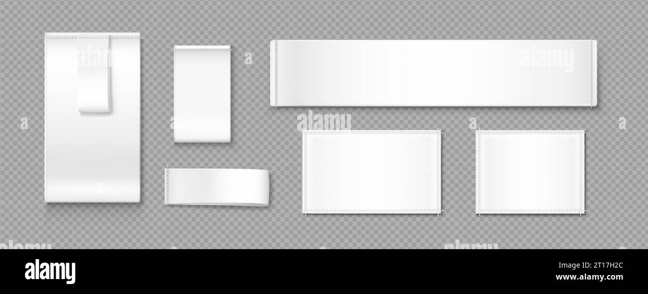 Set di etichette in tessuto vuote isolate su sfondo trasparente. Illustrazione vettoriale realistica di modelli rettangolari di etichette in tessuto bianco con punti, pezzo di cotone per dimensioni, materiale, informazioni sul lavaggio Illustrazione Vettoriale