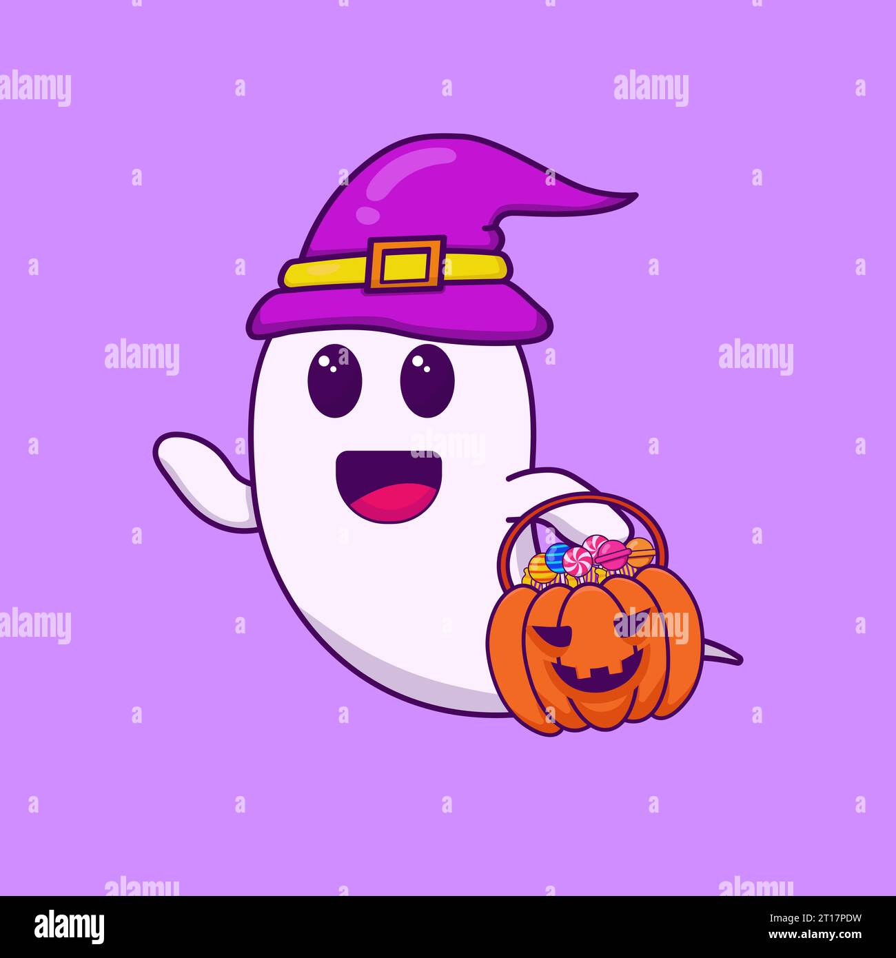 illustrazione vettoriale di un fantasma amichevole che indossa un cappello da strega e porta con sé un cesto di zucca pieno di caramelle. Perfetto per i temi di Halloween Illustrazione Vettoriale