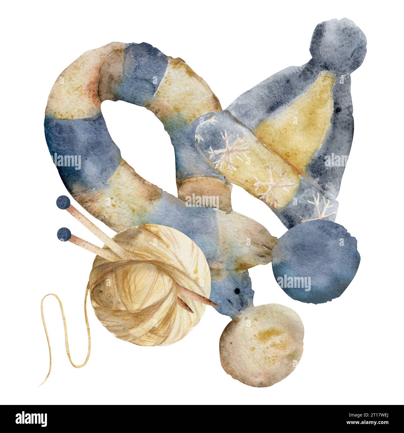 Illustrazione ad acquerello disegnata a mano. Sciarpa e cappello in maglia blu indaco beige con pompon, palla di filato con aghi. Composizione isolata Foto Stock