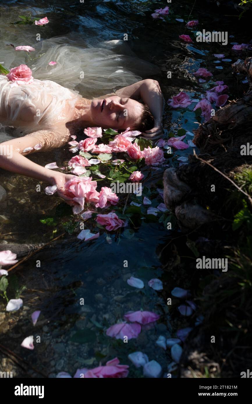 Sexy giovane sensuale ninfa d'acqua giace in un sottile abito bagnato trasparente nell'acqua del lago circondato da petali rosa nel Reintalersee austriaco, copia sp Foto Stock
