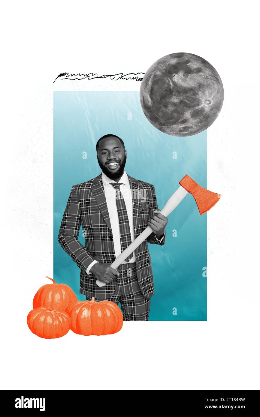 Immagine verticale di collage creativo di un gentiluomo sorridente che indossa costume hold acuto ascia maniaco macellaio di zucche a luna piena pila di halloween Foto Stock