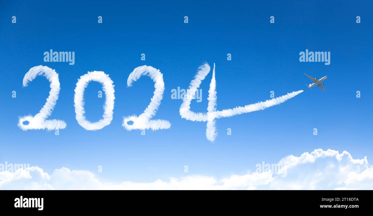 Felice anno nuovo 2024. disegno nuvola in aereo nel cielo Foto Stock