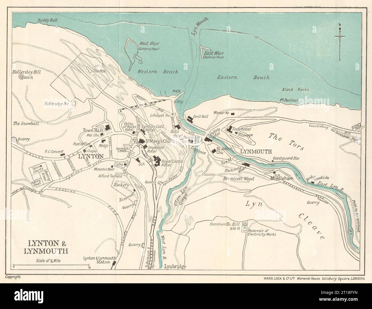 LYNTON & LYNMOUTH, città d'epoca e città. Devon. WARD LOCK 1926 vecchia mappa Foto Stock