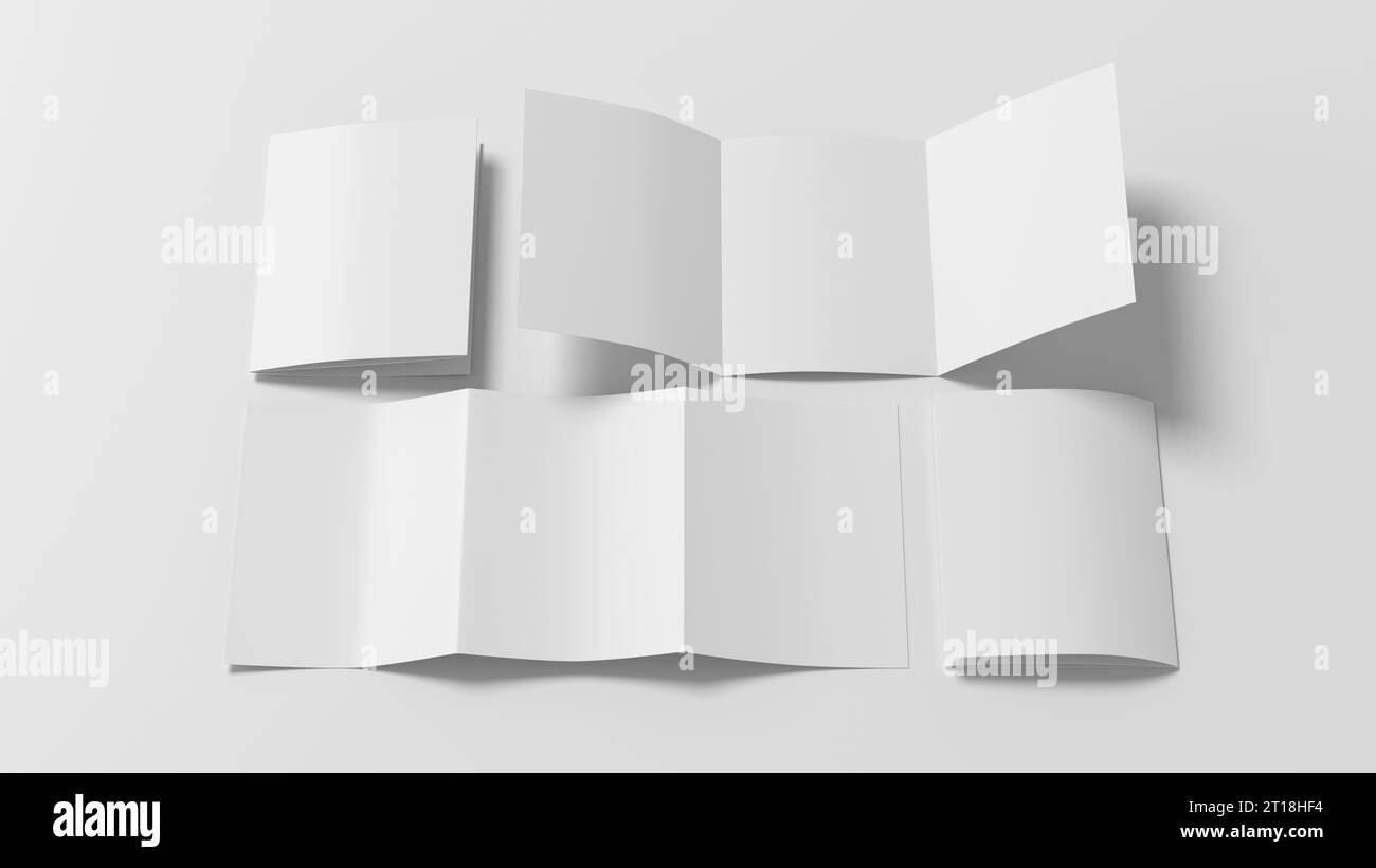 Mockup verticale dell'opuscolo in rotolo tripiegato A5 su sfondo bianco Foto Stock