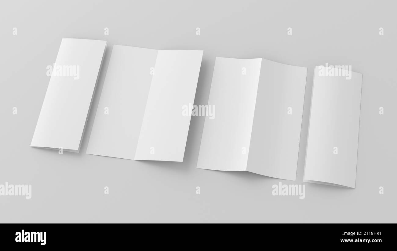 Mockup verticale opuscoli con volantini piegati a metà su sfondo bianco. illustrazione 3d. Foto Stock