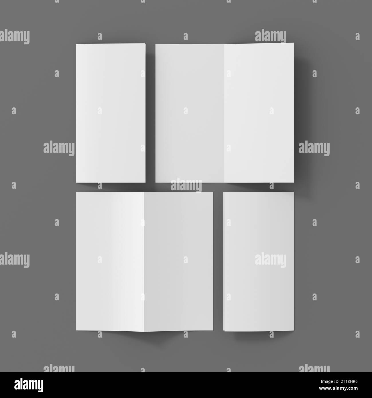 Mockup verticale opuscoli piegati a metà su sfondo grigio Foto Stock