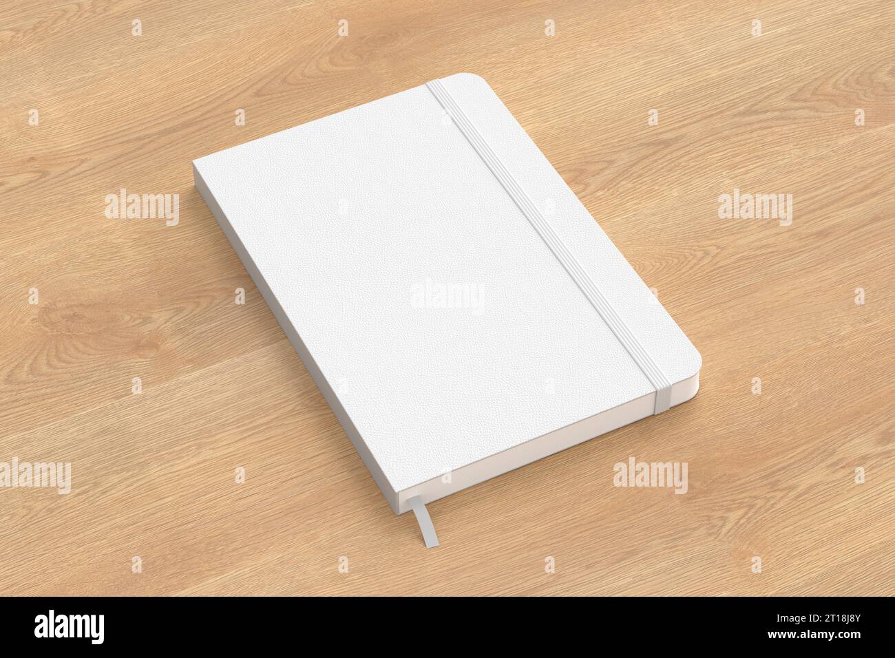 Mockup per notebook con copertina bianca su sfondo in legno Foto Stock
