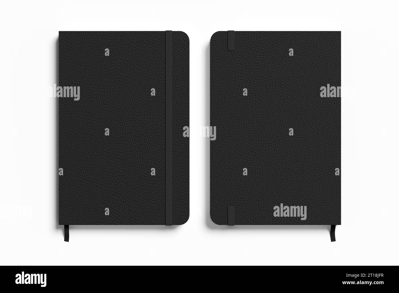 Mockup notebook con copertina nera su sfondo bianco. Vista anteriore e posteriore del coperchio del notebook Foto Stock