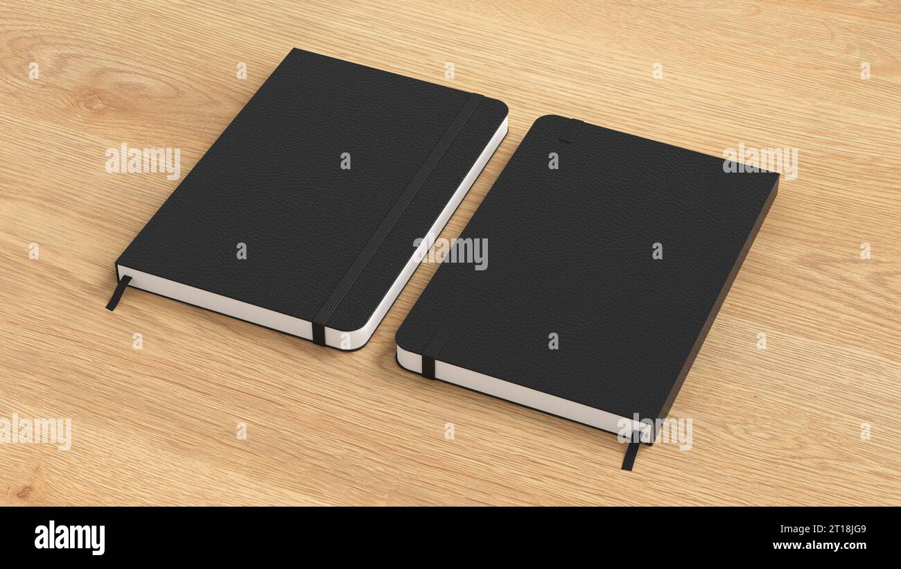 Mockup per notebook con copertina nera su sfondo in legno. Vista anteriore e posteriore del coperchio del notebook Foto Stock