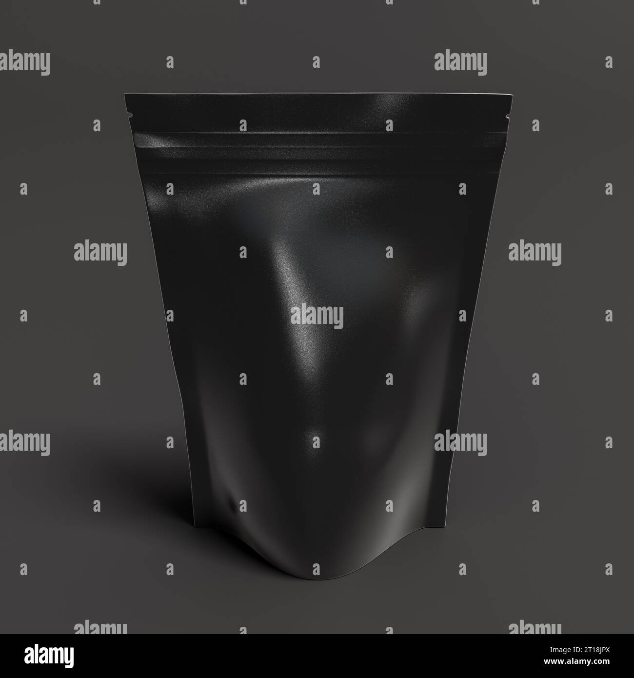 Mockup con busta nera per tè, caffè, snack su sfondo grigio. Modello di branding Foto Stock