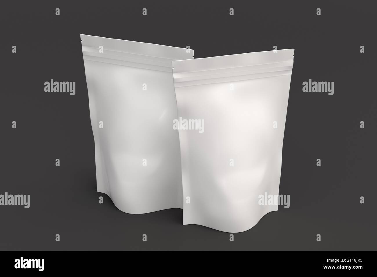 Confezioni bianche mockup per tè, caffè, snack su sfondo grigio. Modello di branding Foto Stock