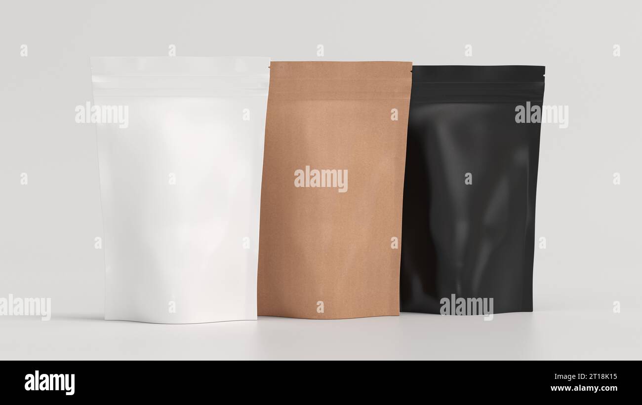 Confezioni nere, artigianali e bianche mockup per tè, caffè, snack su sfondo bianco. Modello di branding. illustrazione 3d. Foto Stock