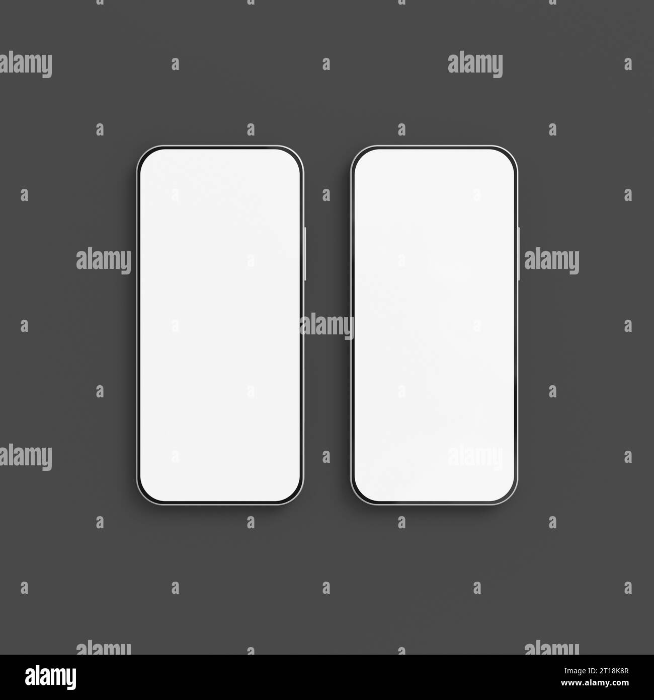 Due modelli di smartphone con schermo vuoto su sfondo grigio Foto Stock
