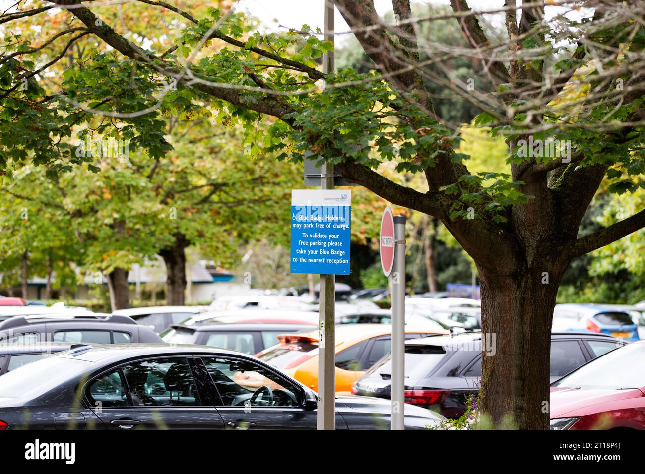Avviso di parcheggio con badge blu nella sezione trasversale del parcheggio dell'ospedale completo Foto Stock