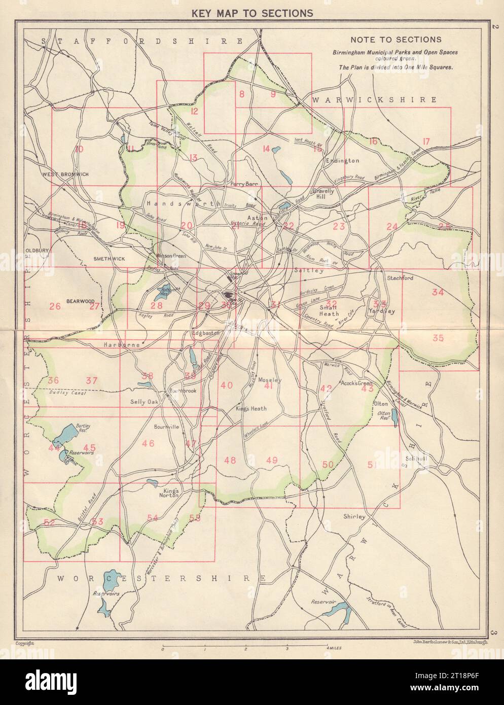 BIRMINGHAM. Mappa principale delle sezioni 1954 della vecchia mappa del piano d'epoca Foto Stock