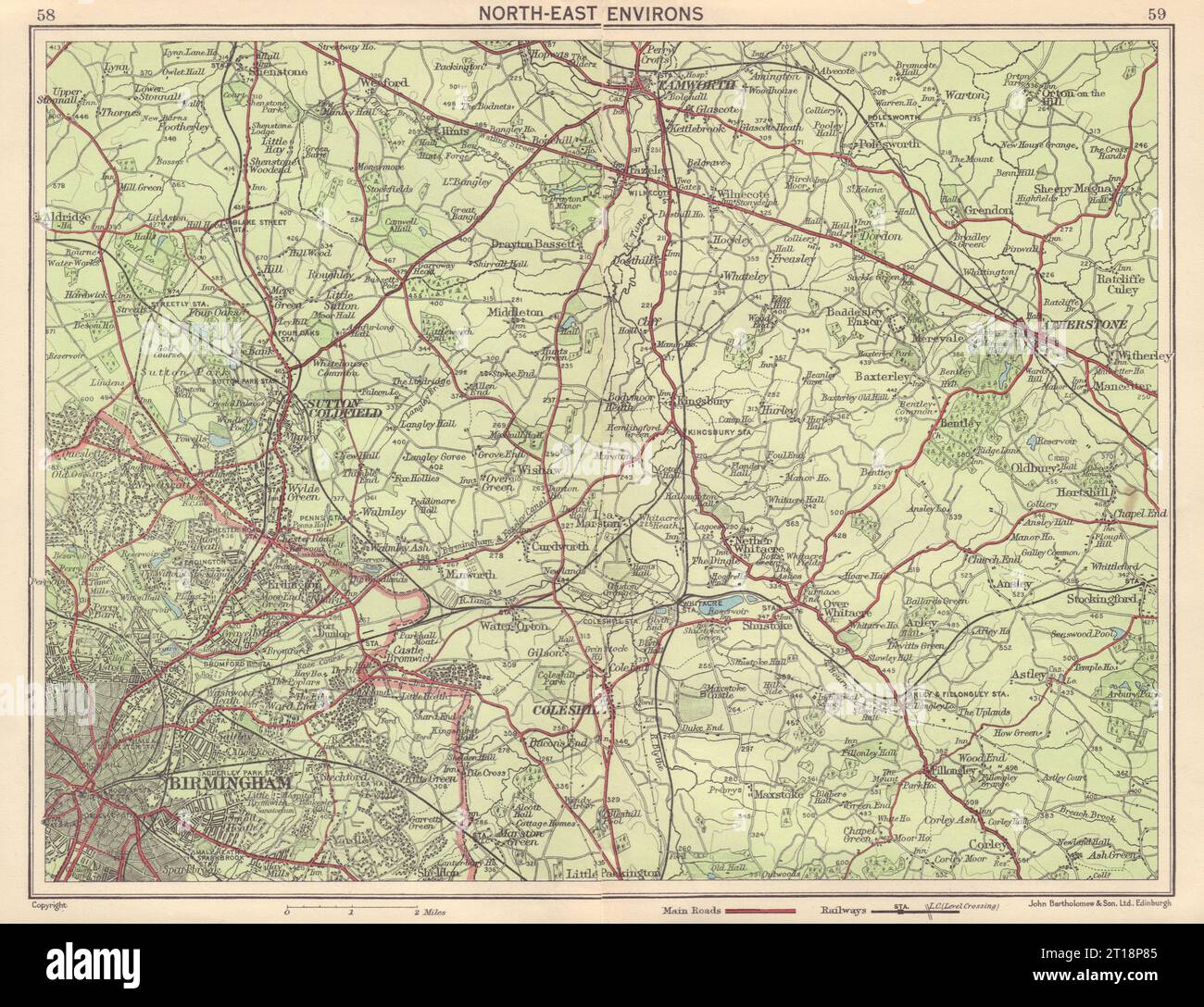 Ne BIRMINGHAM dintorni Tamworth Atherston Sutton Coldfield Coleshill 1954 mappa Foto Stock