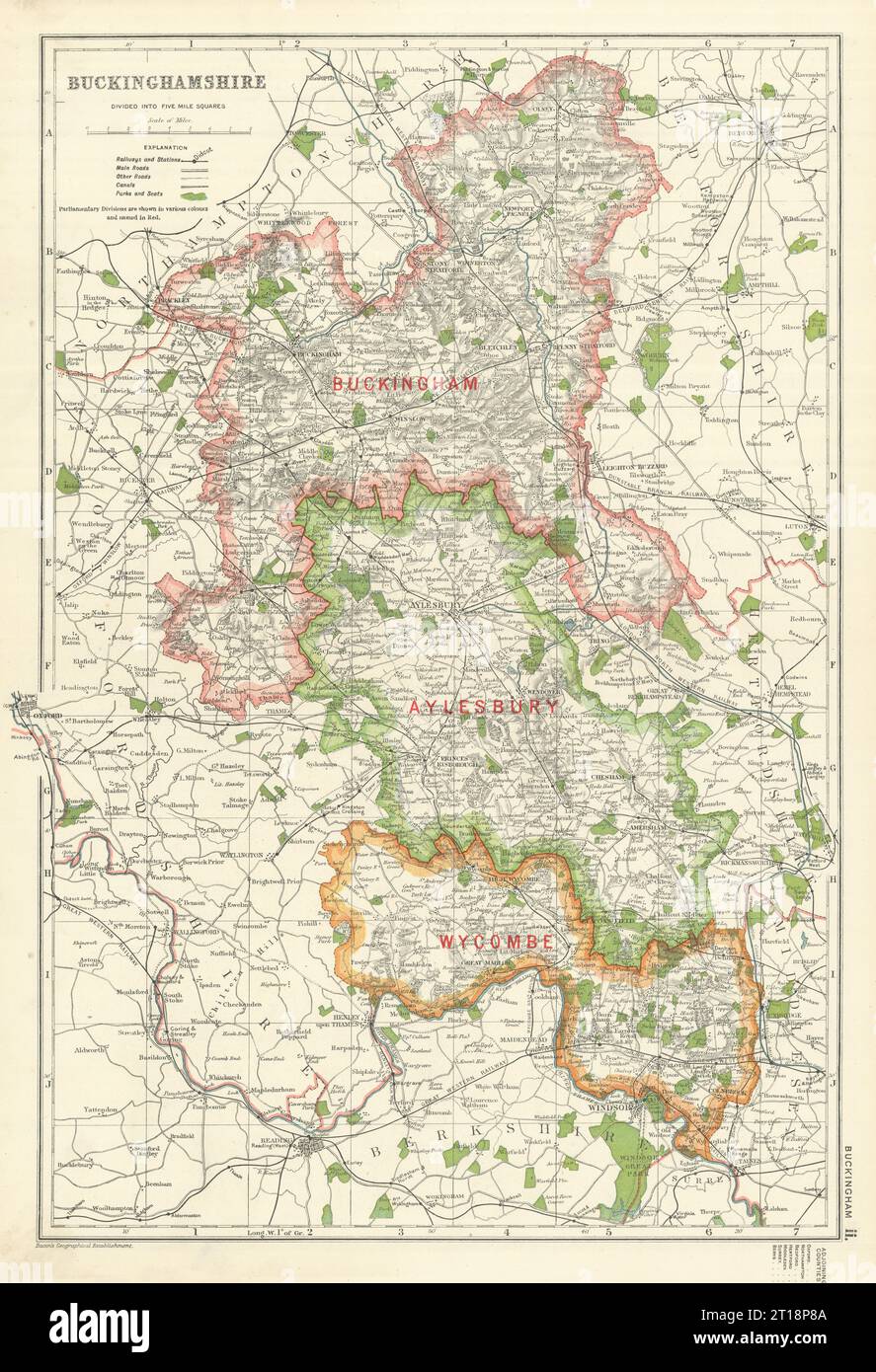 BUCKINGHAMSHIRE. Mostra le divisioni parlamentari, i quartieri e i parchi.BACON 1919 mappa Foto Stock