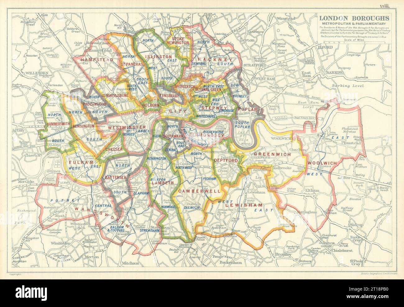 QUARTIERI DI LONDRA. Metropolitan & Parliamentary. Circoscrizioni. Mappa di BACON 1919 Foto Stock