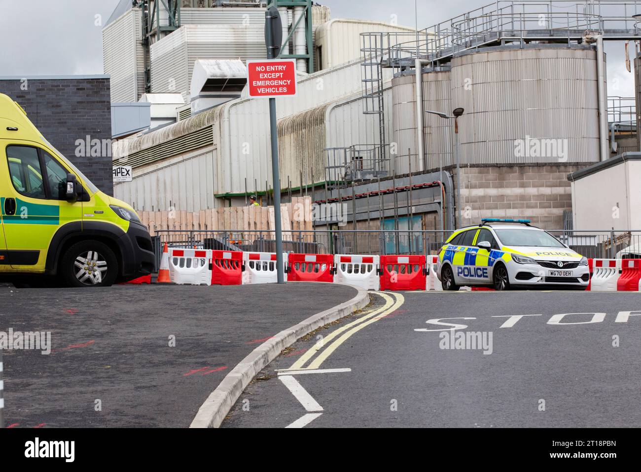 Ambulanza naso e auto della polizia parcheggiate fianco a fianco fuori dall'ingresso A&e al Royal Devon e Exeter Hospital Foto Stock