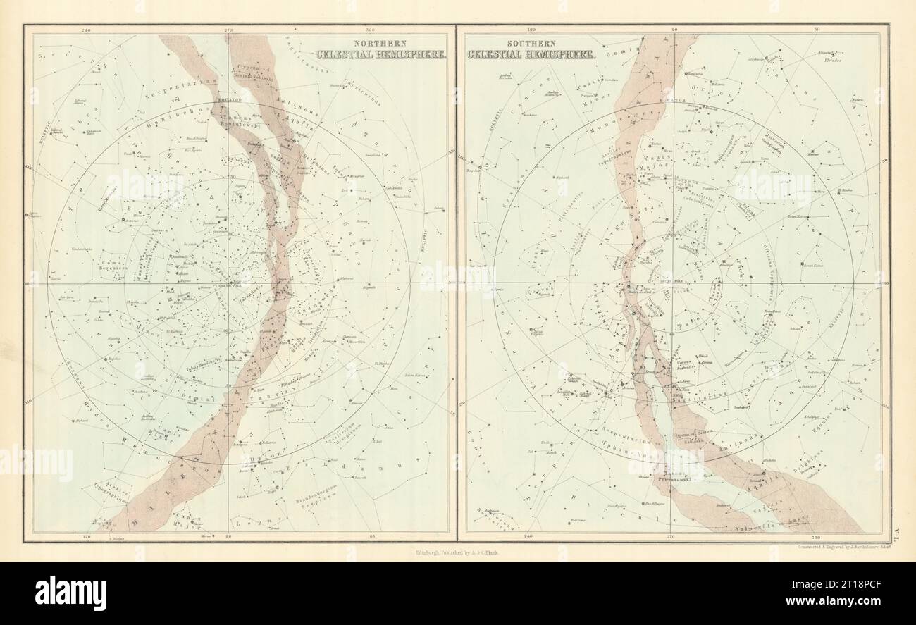 Mappe stellari. Emisferi celesti settentrionali e meridionali. JOHN BARTHOLOMEW 1854 Foto Stock