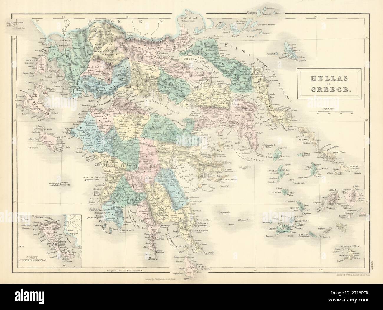 Hellas o Grecia. Isole Ionie, Cicladi e Egeo. SIDNEY HALL 1854 vecchia mappa Foto Stock