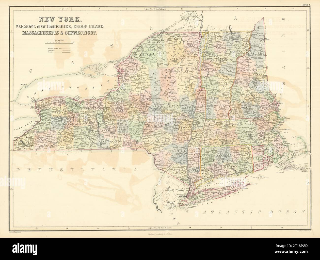 New York e New England. VT CT RI MA NH. Piano Manhattan di New York. SIDNEY HALL 1854 mappa Foto Stock