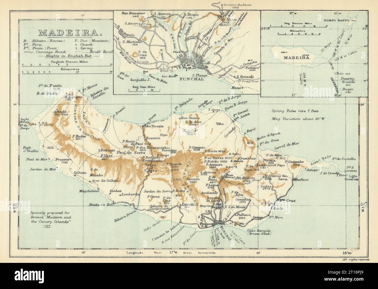 Madeira Island e dintorni di Funchal. SAMLER BROWN 1932 vecchia mappa d'epoca Foto Stock