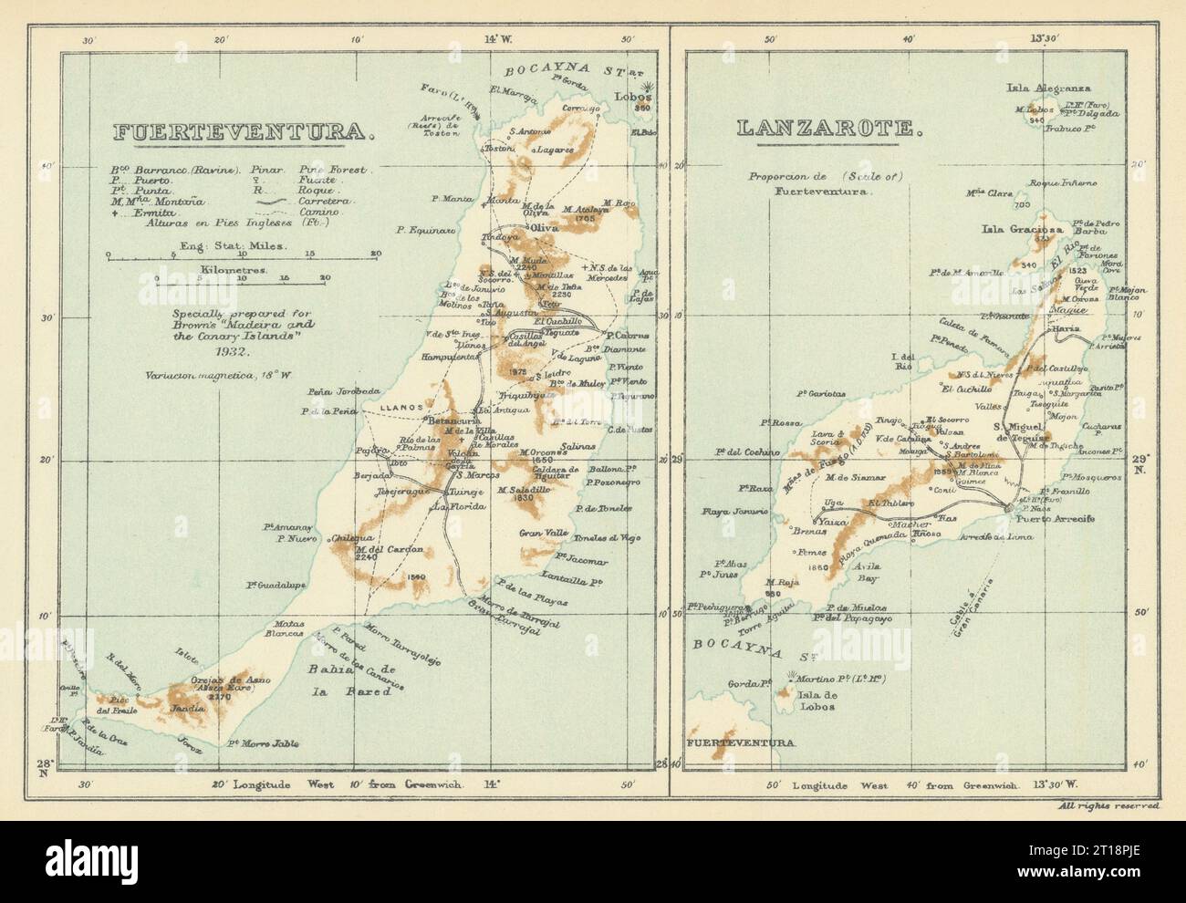 Fuerteventura e Lanzarote, Isole Canarie. SAMLER BROWN 1932 vecchia mappa d'epoca Foto Stock