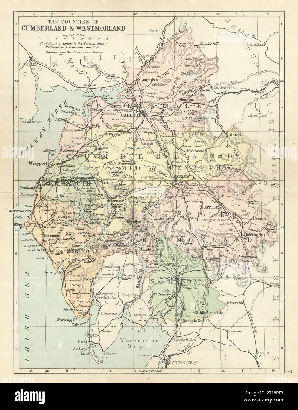 CUMBERLAND E WESTMORELAND. Mappa della contea. Circoscrizioni ferroviarie. PHILIP 1889 Foto Stock