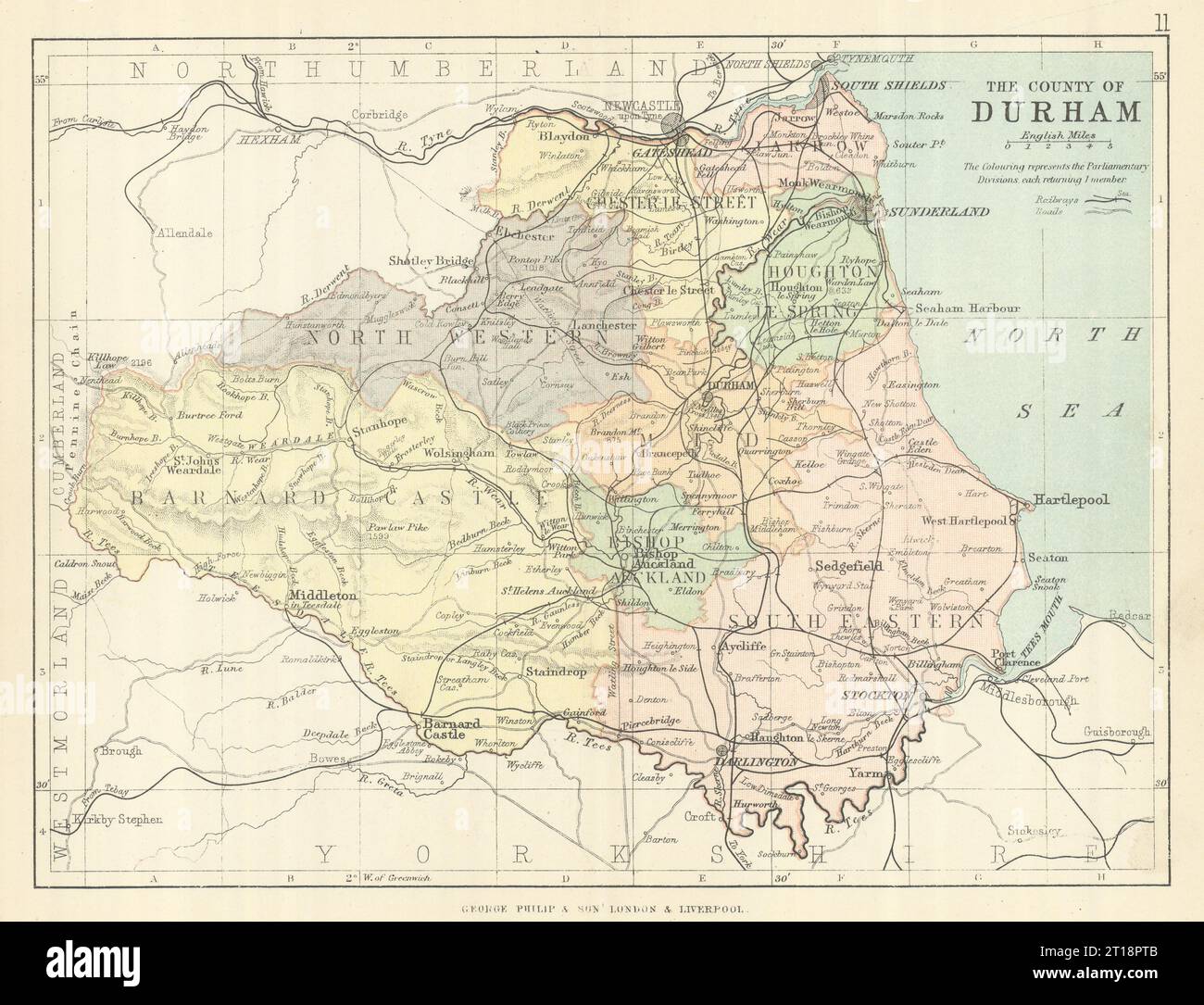 CONTEA DI DURHAM. Mappa antica. Ferrovie e strade. Circoscrizioni. PHILIP 1889 Foto Stock